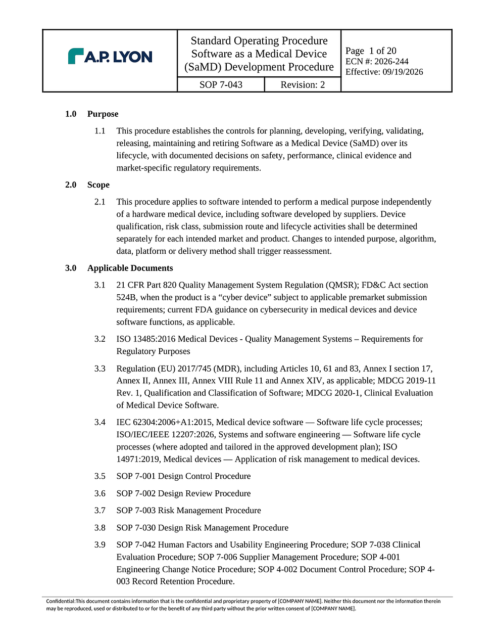 Software as a Medical Device (SaMD) Development Procedure — SOP 7-043 document page 1