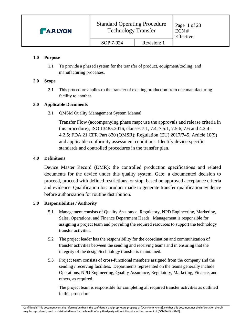 Technology Transfer Procedure — SOP 7-024 document page 1