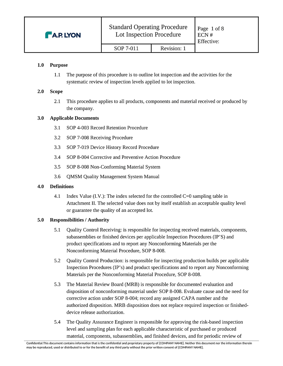 Lot Inspection Procedure | ISO 13485 | FDA QMSR — SOP 7-011 document page 1