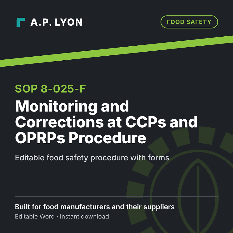 Food Safety | Monitoring and Corrections at CCPs and OPRPs Procedure editable food safety procedure cover