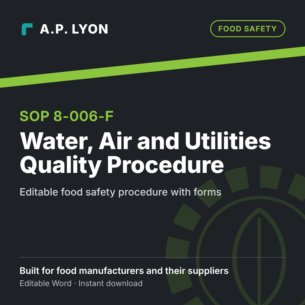 Food Safety | Water, Air and Utilities Quality Procedure editable food safety procedure cover