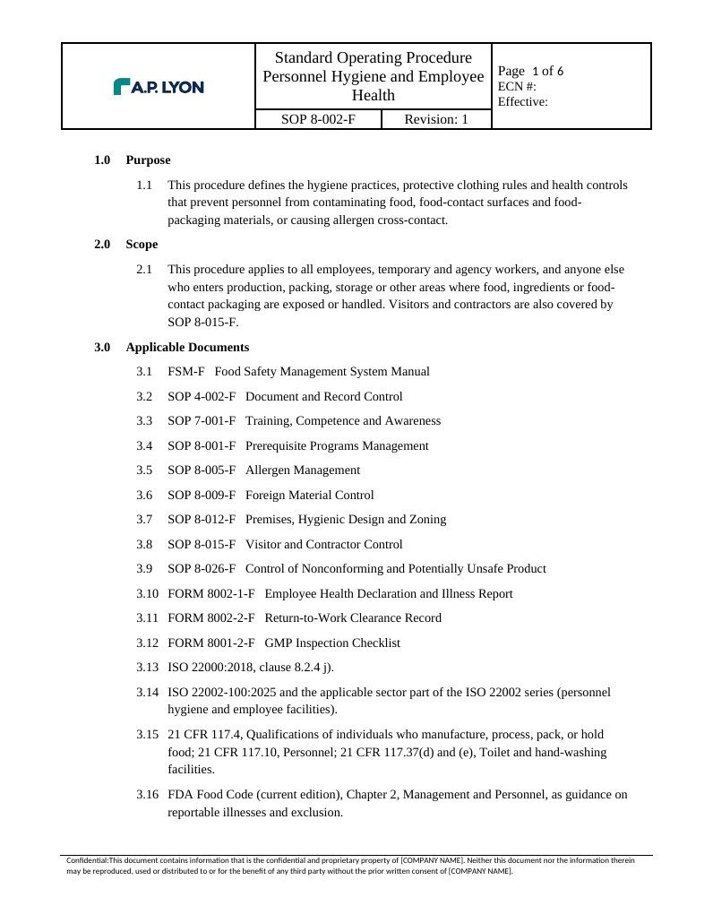 Personnel Hygiene and Employee Health Procedure | ISO 22000 — SOP 8-002-F document sample — page 1