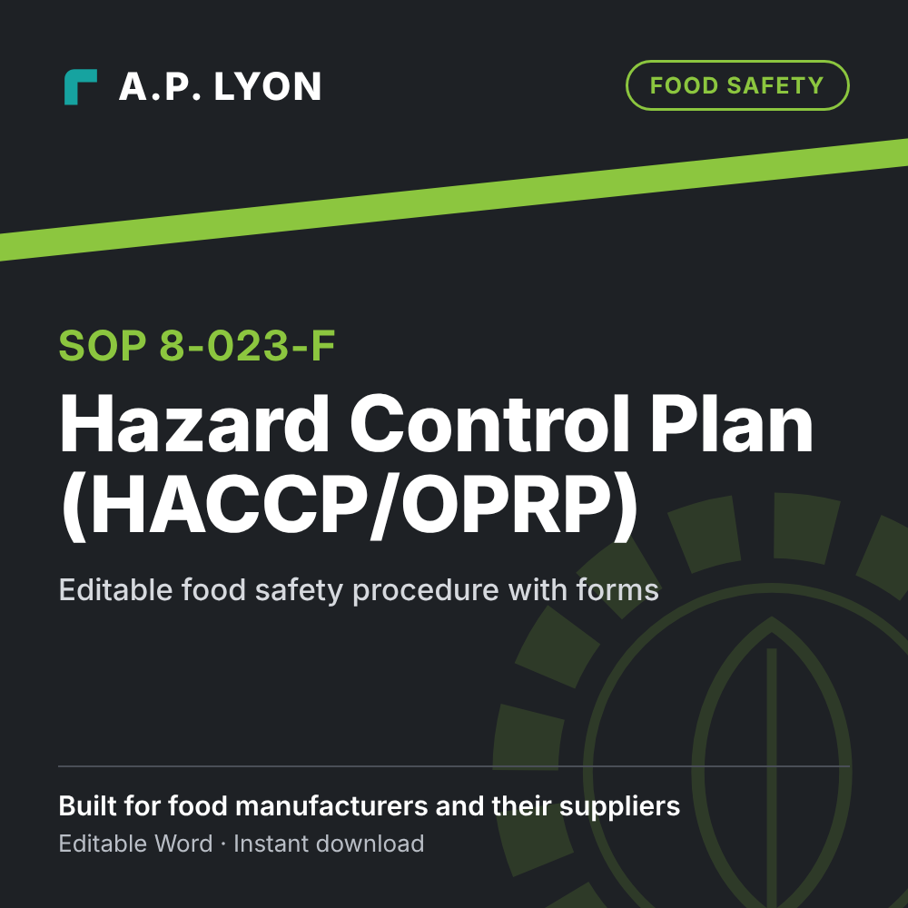 Food Safety | Hazard Control Plan (HACCP/OPRP) editable food safety procedure cover