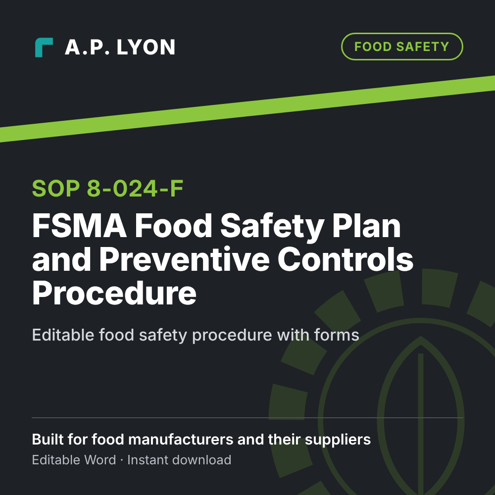 Food Safety | FSMA Food Safety Plan and Preventive Controls Procedure editable food safety procedure cover