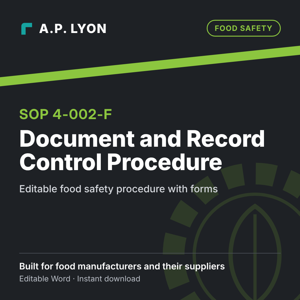 Food Safety | Document and Record Control Procedure editable food safety procedure cover