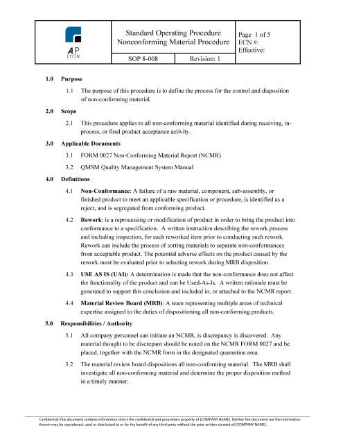 Thumbnail: Nonconforming Material Procedure — document preview
