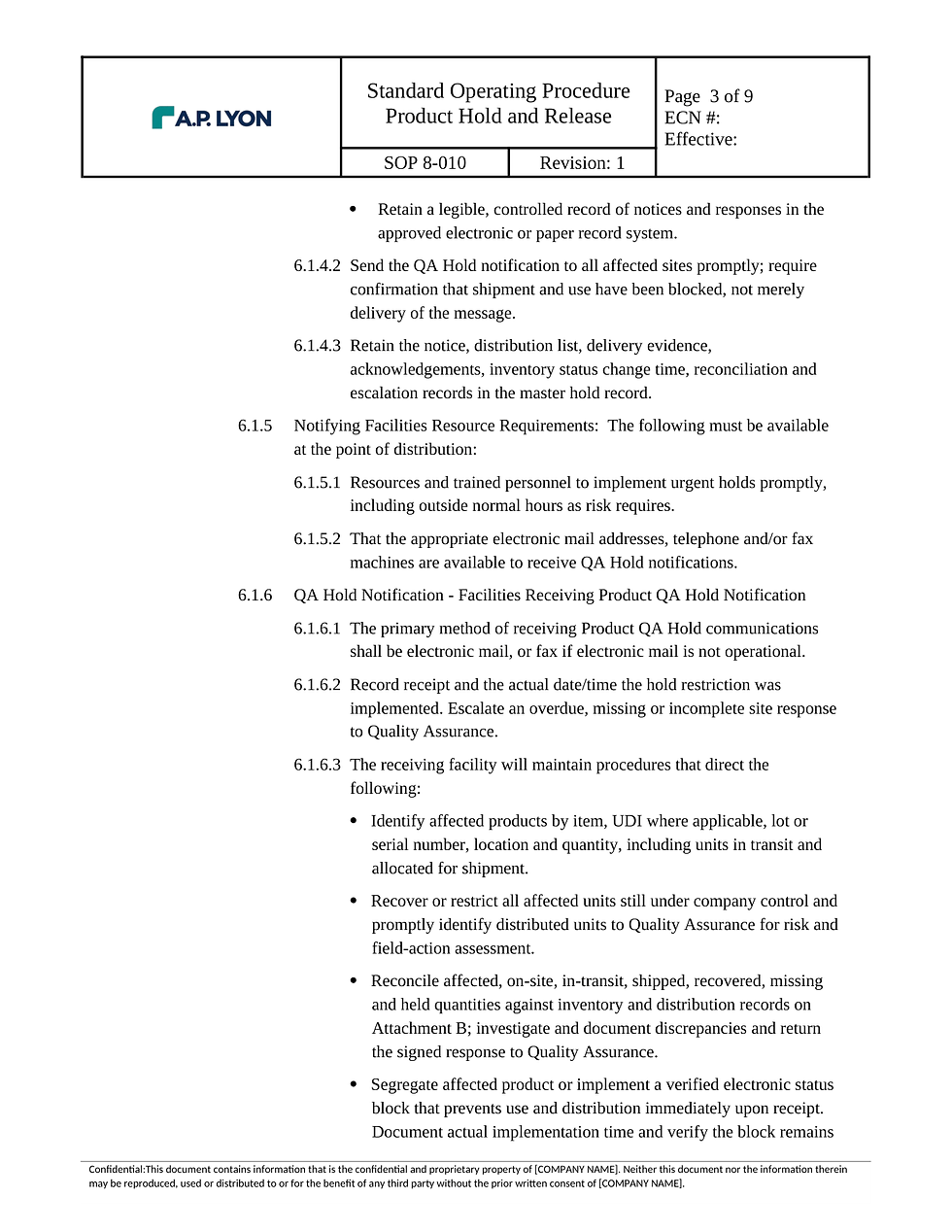 Thumbnail: Product Hold Procedure | ISO 13485 | FDA QMSR — SOP 8-010 document page 3