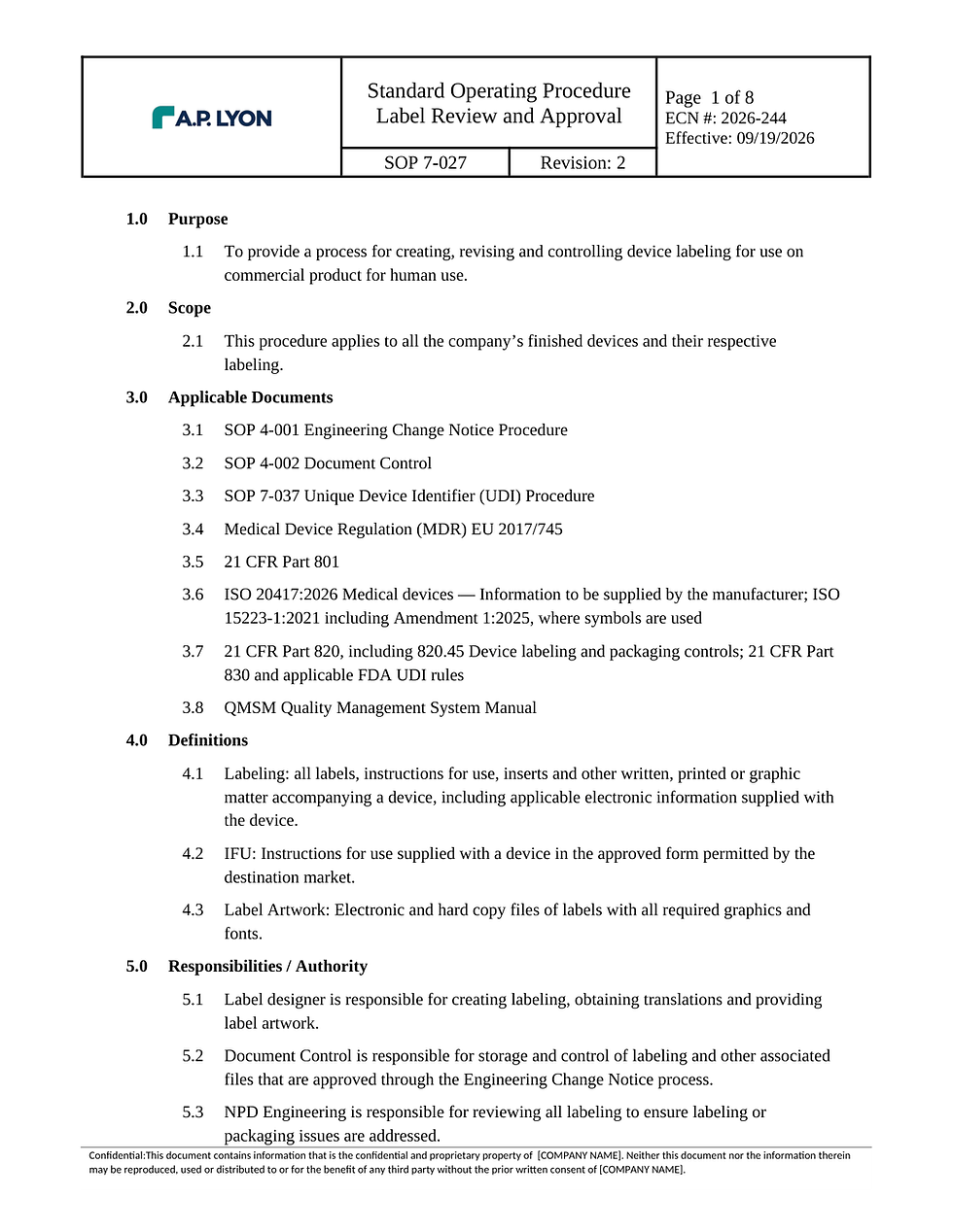 ISO 13485 Label Review and Approval Procedure — SOP 7-027 document page 1