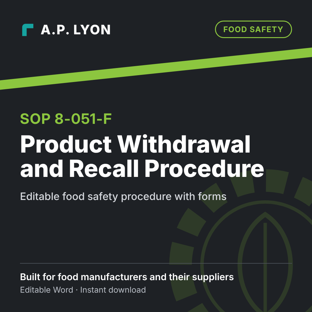 Food Safety | Product Withdrawal and Recall Procedure editable food safety procedure cover