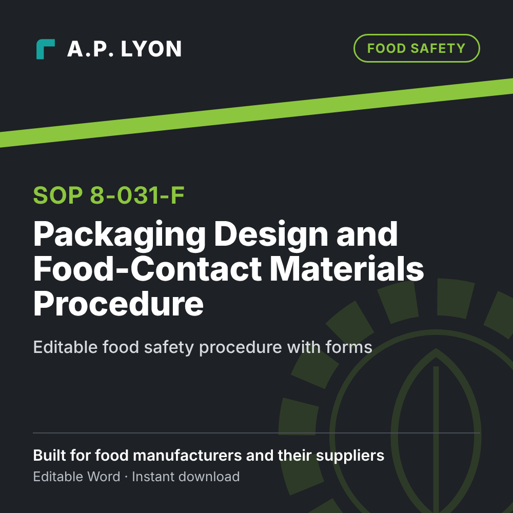 Food Safety | Packaging Design and Food-Contact Materials Procedure editable food safety procedure cover