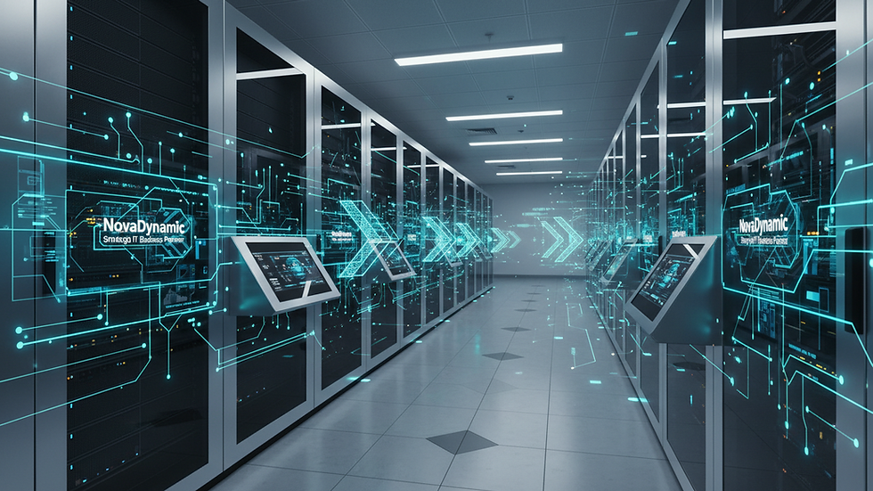 Eye-level view of a modern data center with energy-efficient servers
