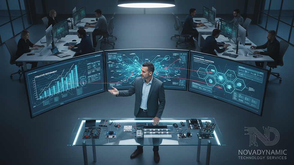 Eye-level view of a modern office workspace with multiple computer screens displaying network data