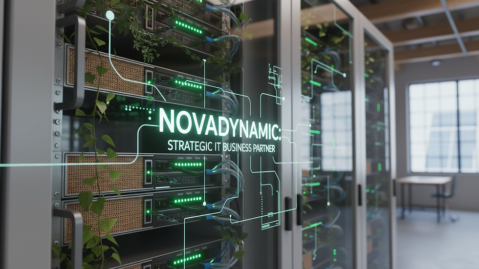 Close-up view of server rack with green LED indicators in a sustainable IT setup
