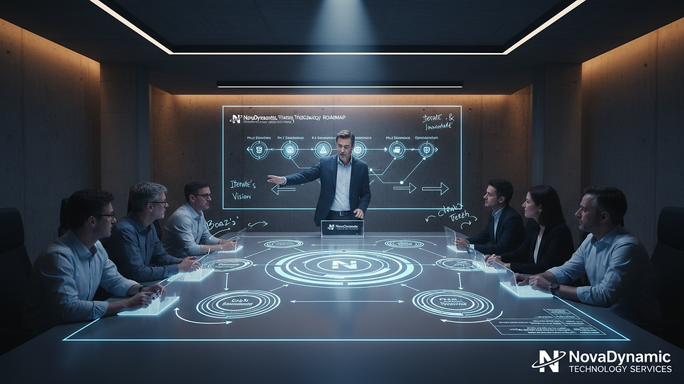 High angle view of a conference room with IT leaders discussing a strategic technology roadmap