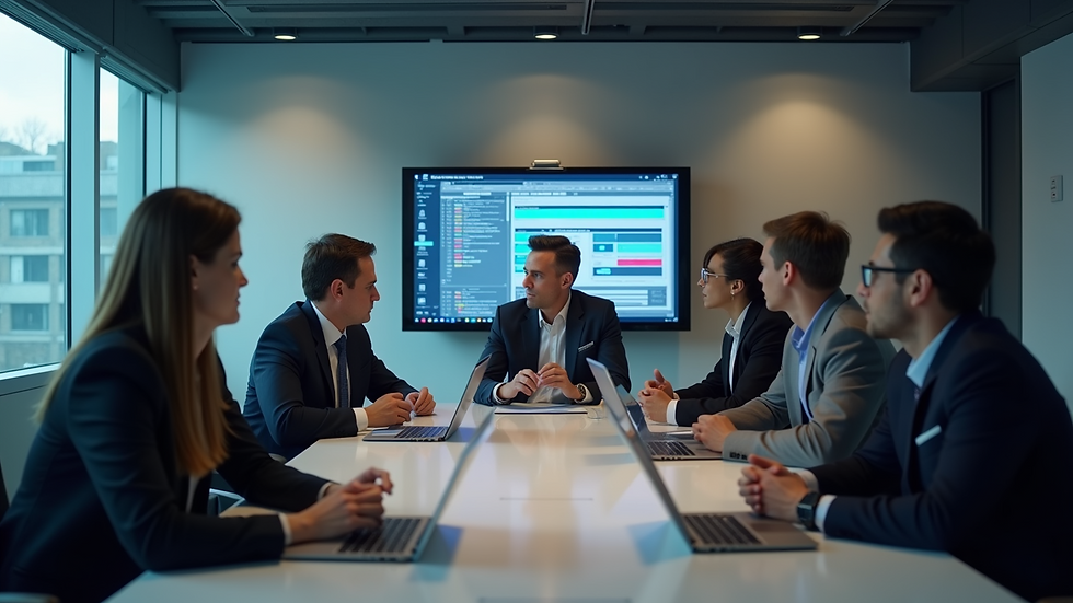 High angle view of a meeting room with IT security team discussing strategies