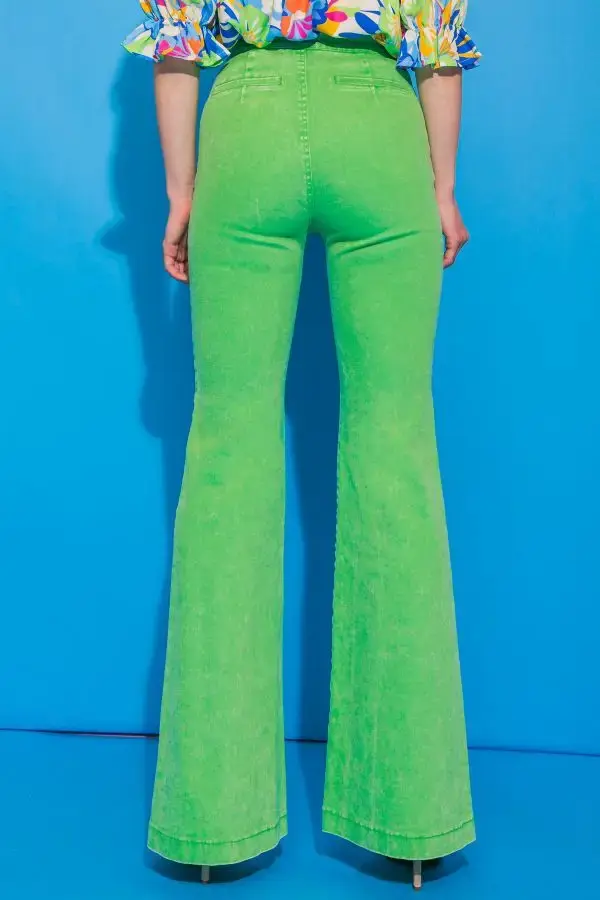 Thumbnail: Runway Babe Green Acid Washed Denim Flare Pants