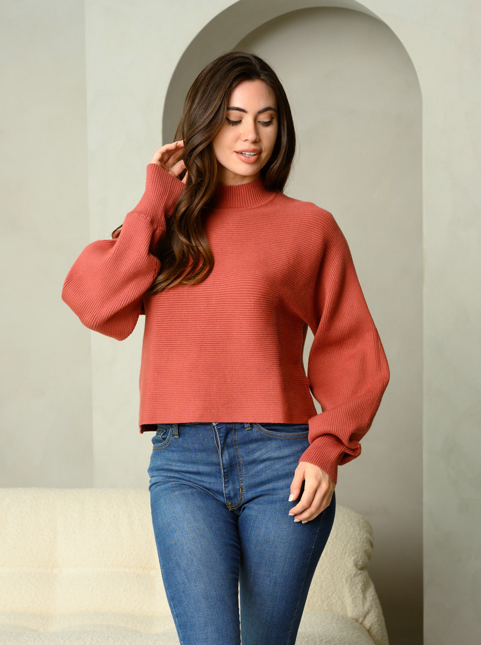 Thumbnail: Fall in Love Long Sleeve Ribbed Mock Neck Sweater