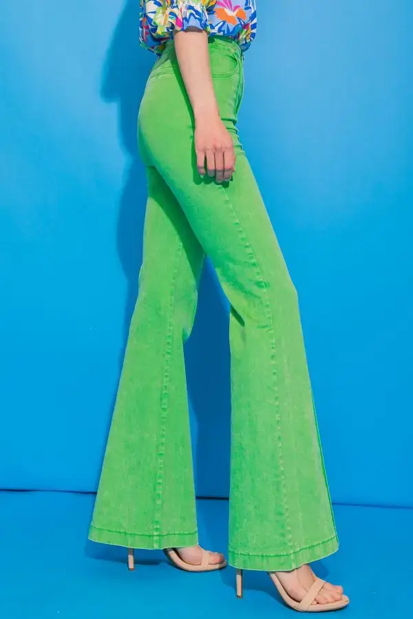 Thumbnail: Runway Babe Green Acid Washed Denim Flare Pants
