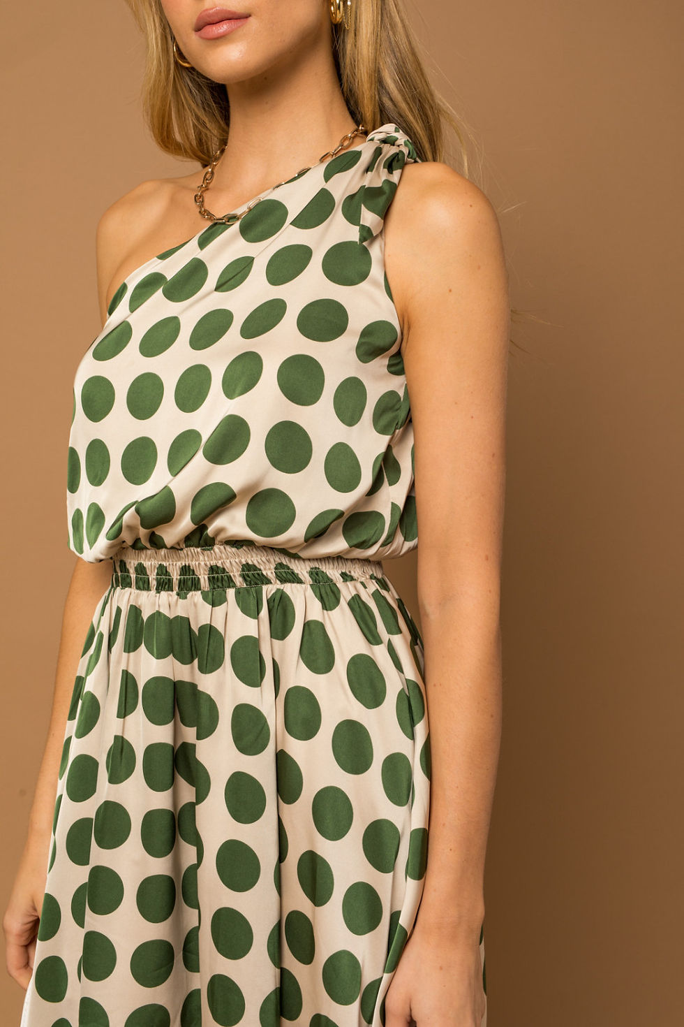 Thumbnail: Queen Bee Ivory and Olive Off The Shoulder Dot Mini Dress