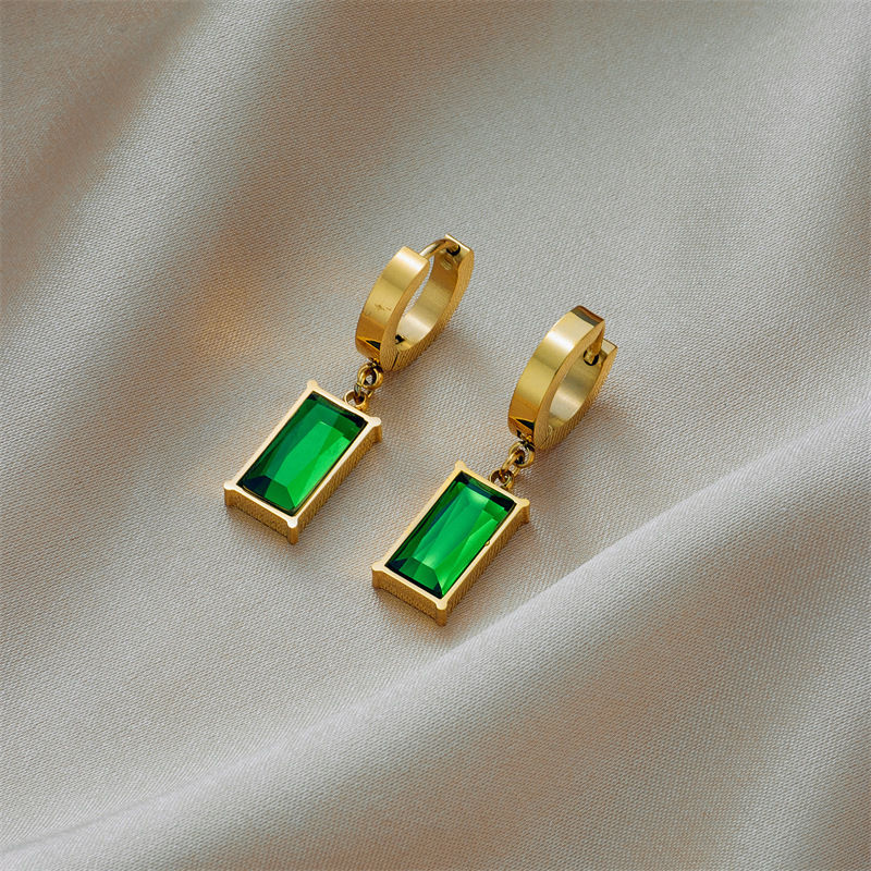 Thumbnail: AKOL 316L Stainless Steel Rectangle Green Crystal Zircon Pendant Necklace Earrin