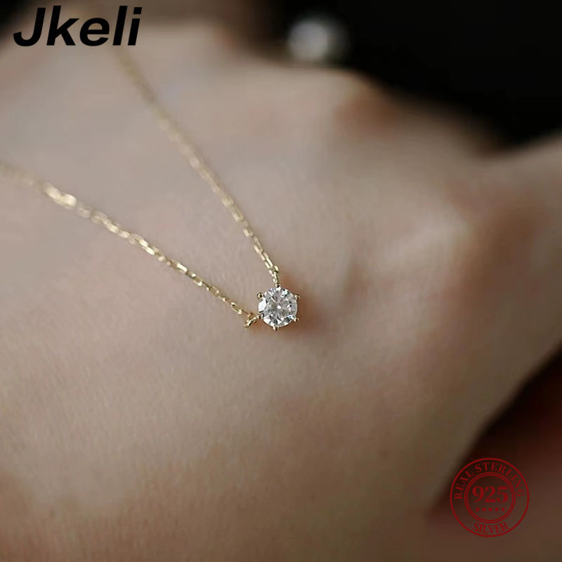 Thumbnail: Jkeli 925 Sterling Silver 18k Gold Plated Necklace Single Sparkling Zircon Clavi