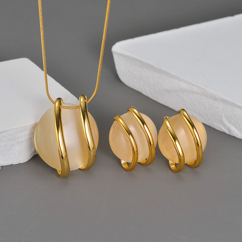 Thumbnail: Trendy Fashion Stainless Steel Round Natural Stone Stud Earrings Necklace For Wo