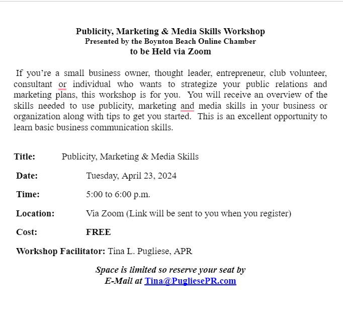 Publicity, Marketing & Media Skills Workshop with Tina Pugliese