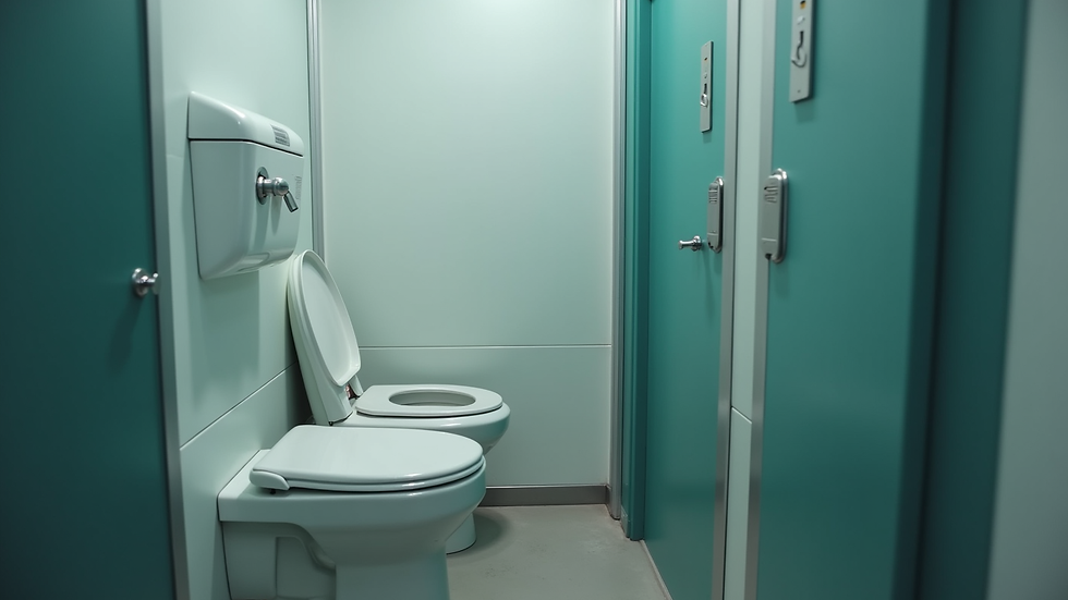 Close-up view of a portable restroom interior showing clean toilet and handwashing station