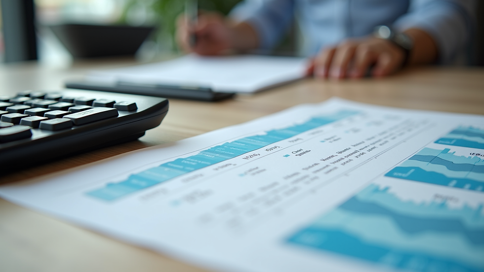 Close-up view of financial documents and calculator on a retail desk