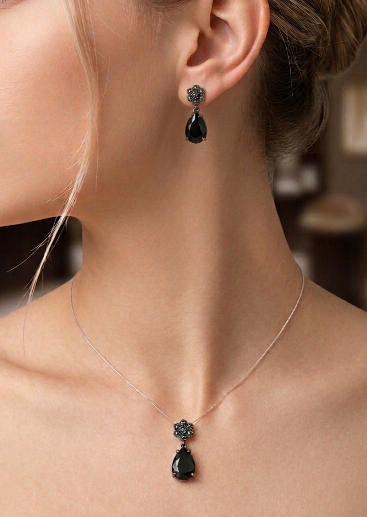 Thumbnail: Vintage Style Marcasite Black Set of Earrings & Pendant