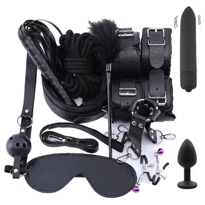 Comprehensive black BDSM pleasure kit with adult toys