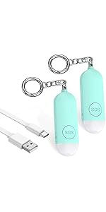 Thumbnail: Two mint green SOS personal alarms with USB cable for easy charging.