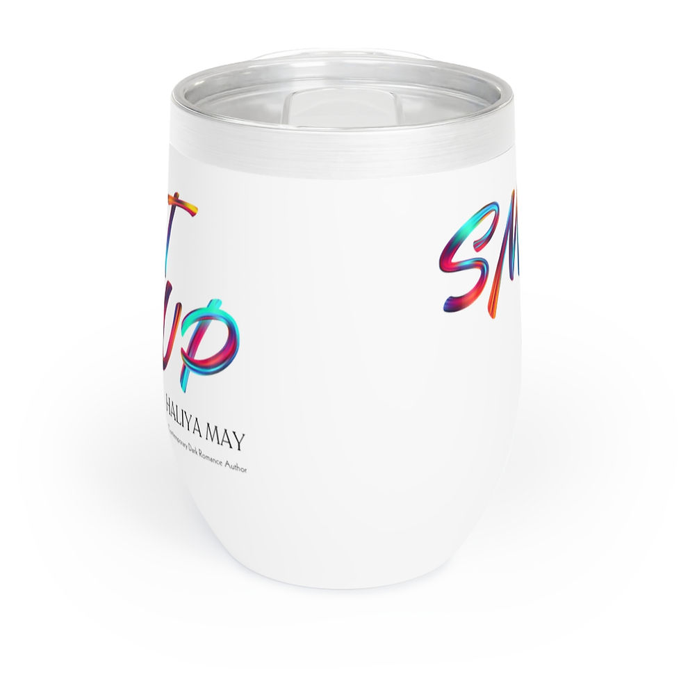 White tumbler with text: 