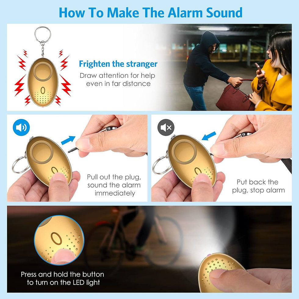 Thumbnail: How to make alarm sound instructions, gold alarm keychain with features, personal safety device.