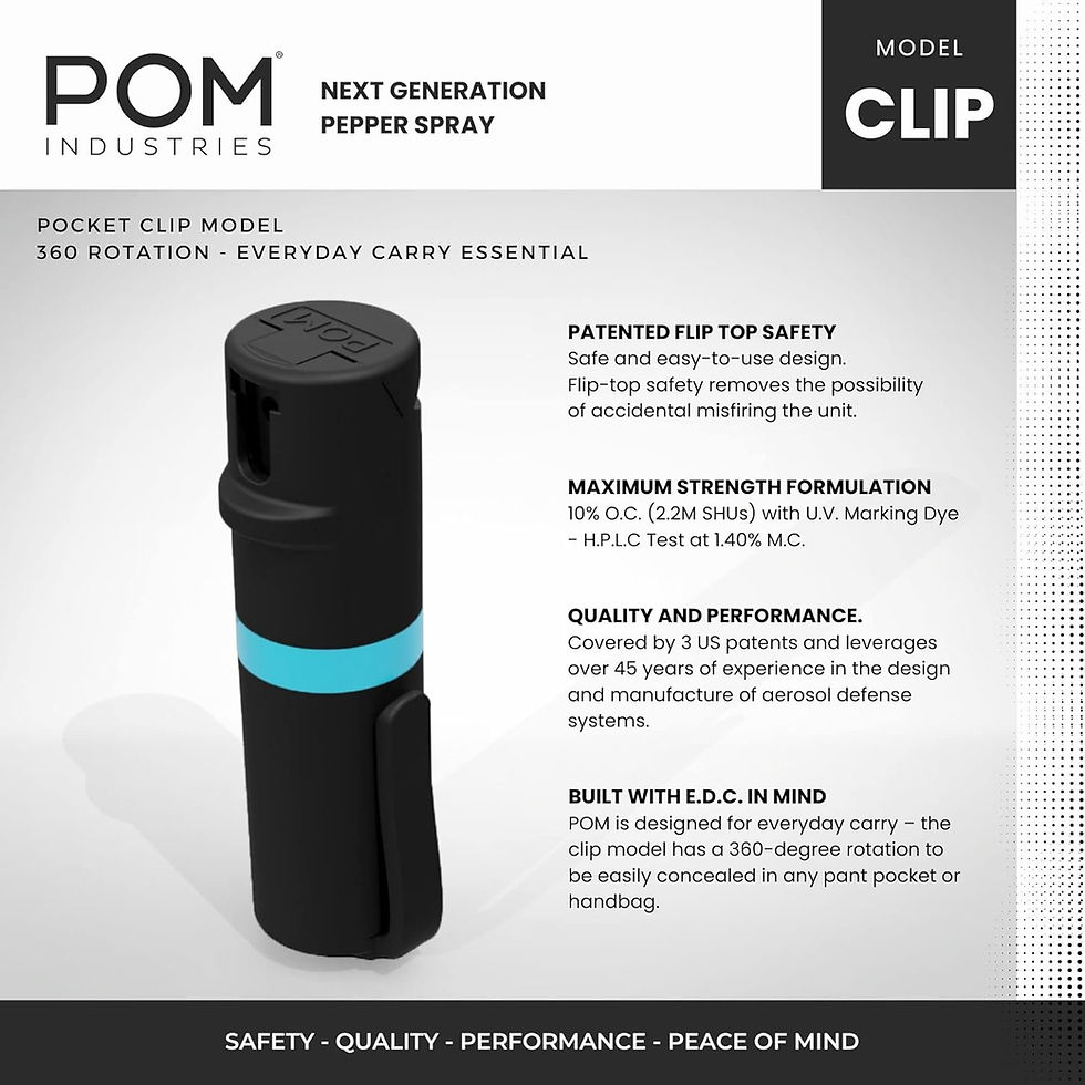 Thumbnail: POM pepper spray model clip, quick flip top safety, maximum strength OC formula. Everyday carry essential.