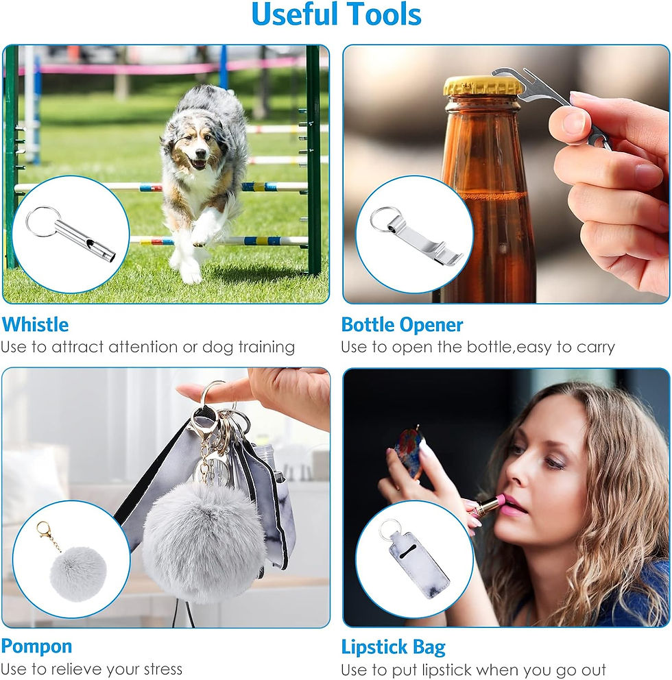Thumbnail: Useful Tools: Whistle, Bottle Opener, Pompon, Lipstick Bag. Four essential items.