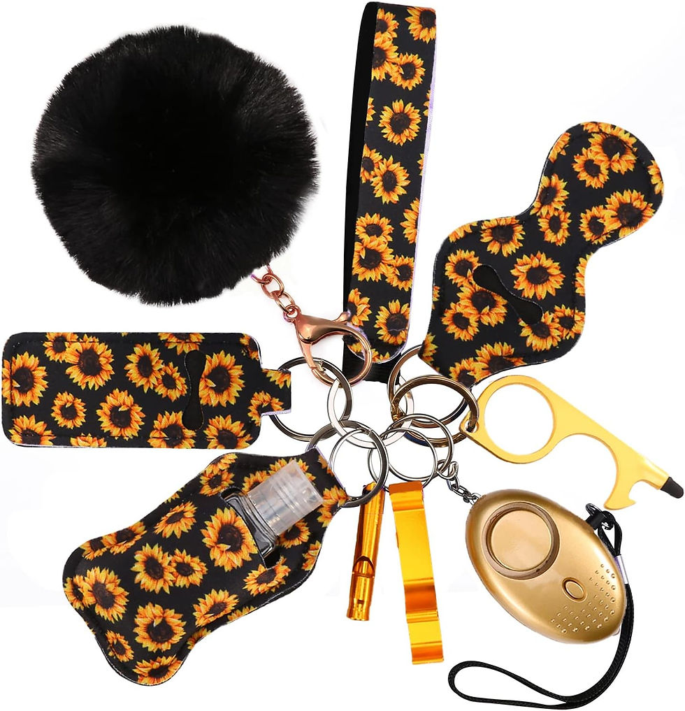 Thumbnail: Various sunflower-patterned keychain accessories, including a fur ball and alarm.