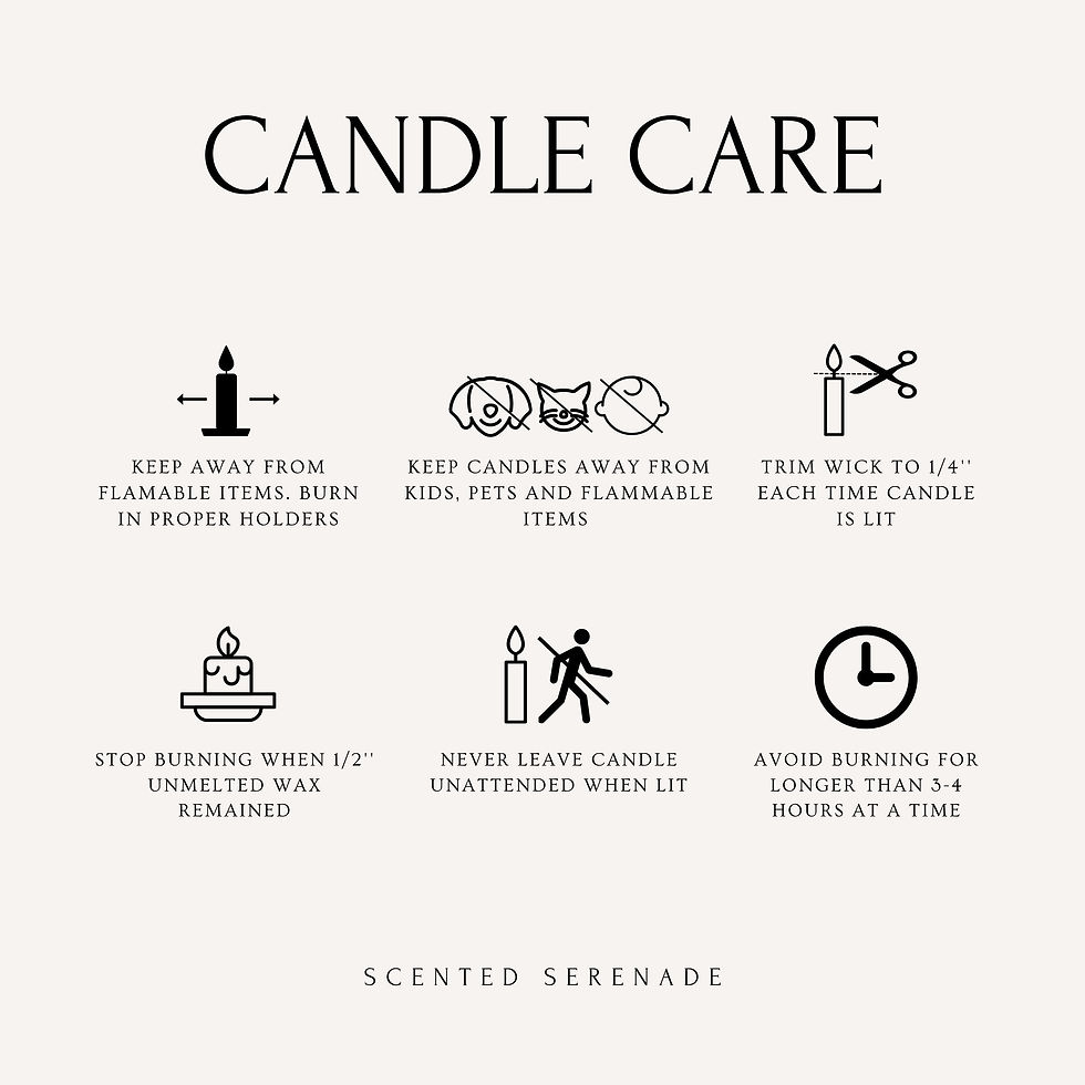 Thumbnail: Candle Care tips: Keep away, burn safely, trim wick, avoid, never leave, and burn time.