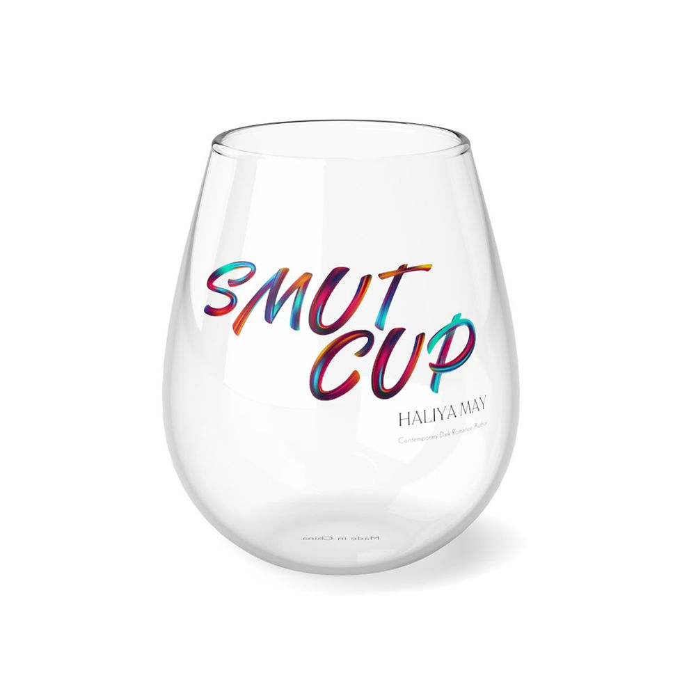 Clear wine glass with the text "SMUT CUP" for drinking.
