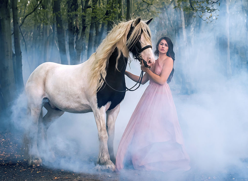 Girl with her horse captured using a smoke grenade