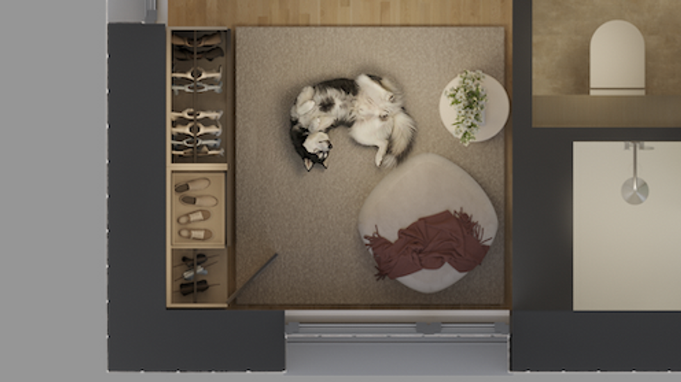 Grundriss zeigt einen Hund, schläft zusammengerollt auf Teppich in modernem Raum mit Schuhregal, Pflanzen und Kissen. Gemütliche Atmosphäre.