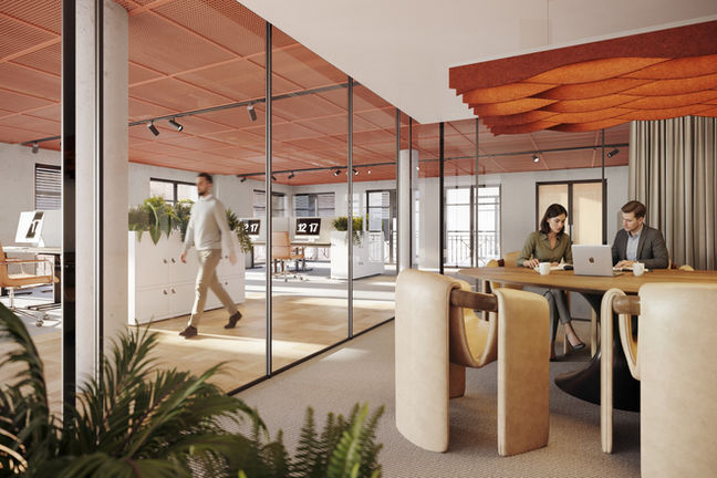 fotorealistische Innenraumvisualisierung im Düsseldrofer Büro Westend Ottersen mit Auenthaltsbereich