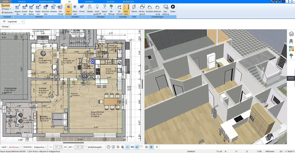 Grundriss und 3D-Modell eines Hauses auf einem Bildschirm. Links detaillierte Raumaufteilung, rechts 3D-Visualisierung innen und außen.