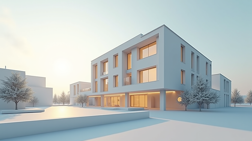 Wide angle view of a virtual 3D model of a modern residential building