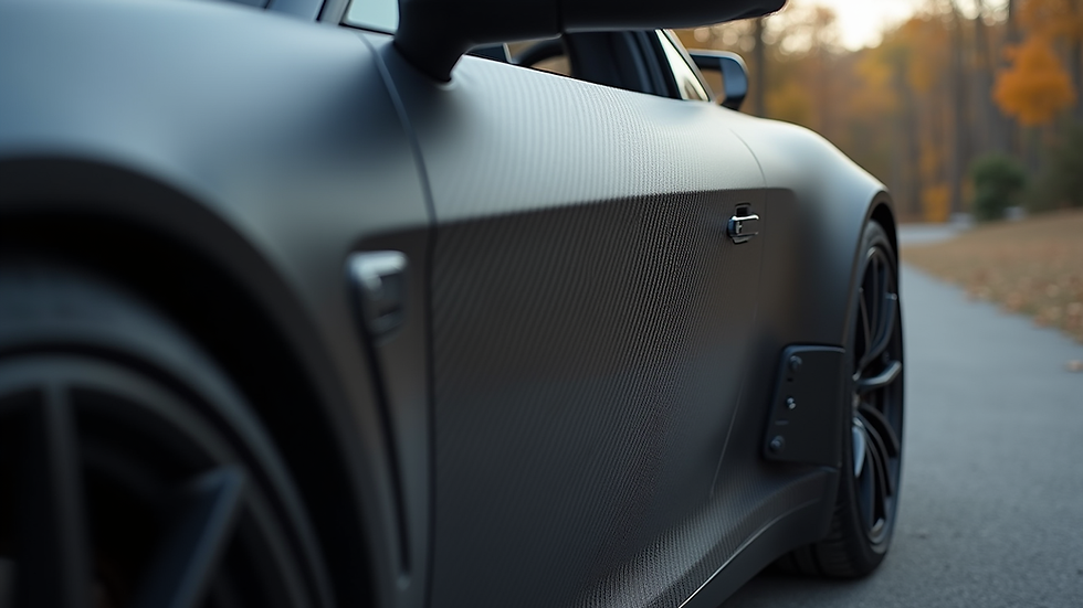 Eye-level view of a car side panel with matte carbon fiber wrap