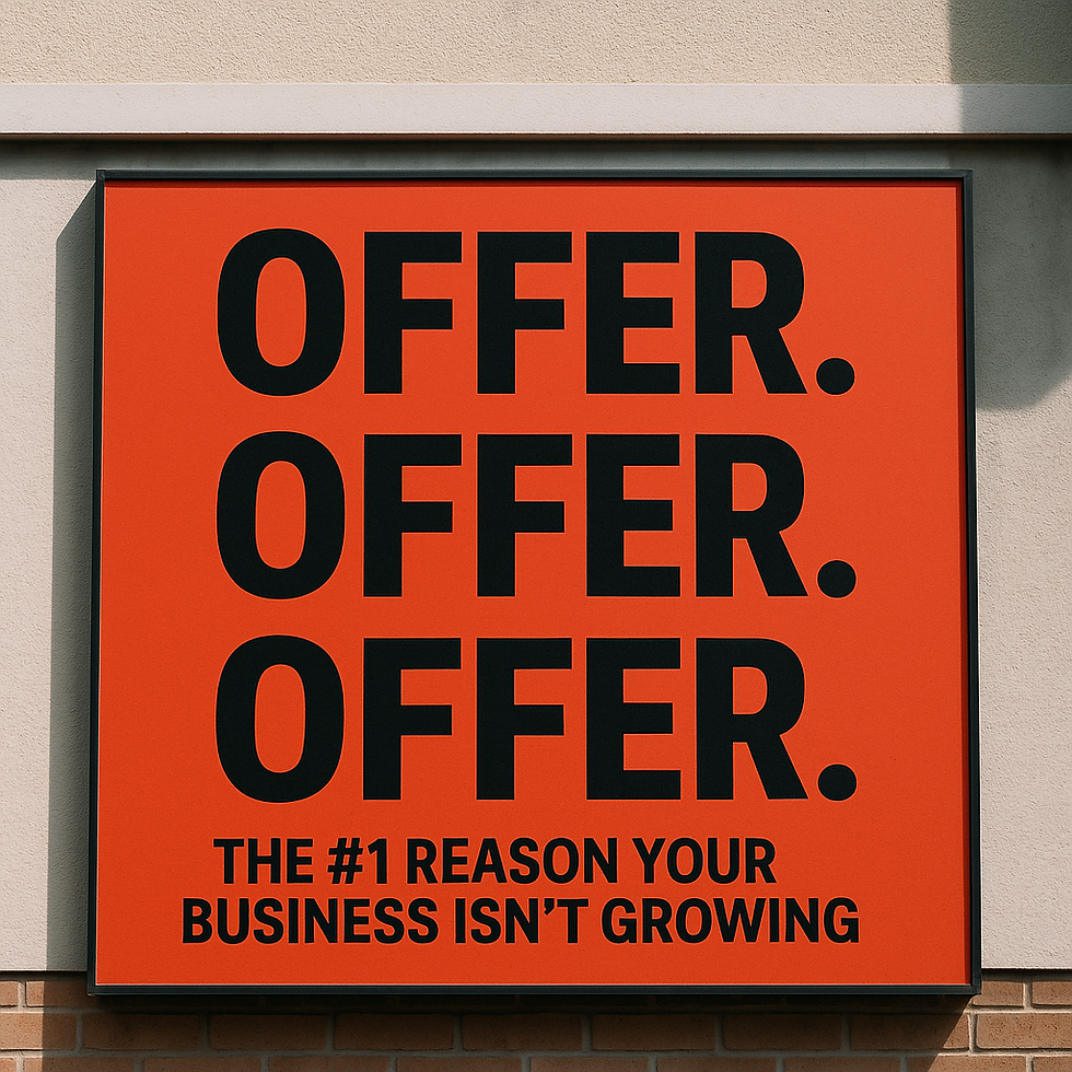 Photograph of a bold red sign mounted on a beige brick and stucco wall. The sign displays the repeated word "OFFER." three times in large black capital letters, followed by the phrase "THE #1 REASON YOUR BUSINESS ISN’T GROWING" in smaller black text below. The sign is well-lit and sharply contrasted against the neutral background.
