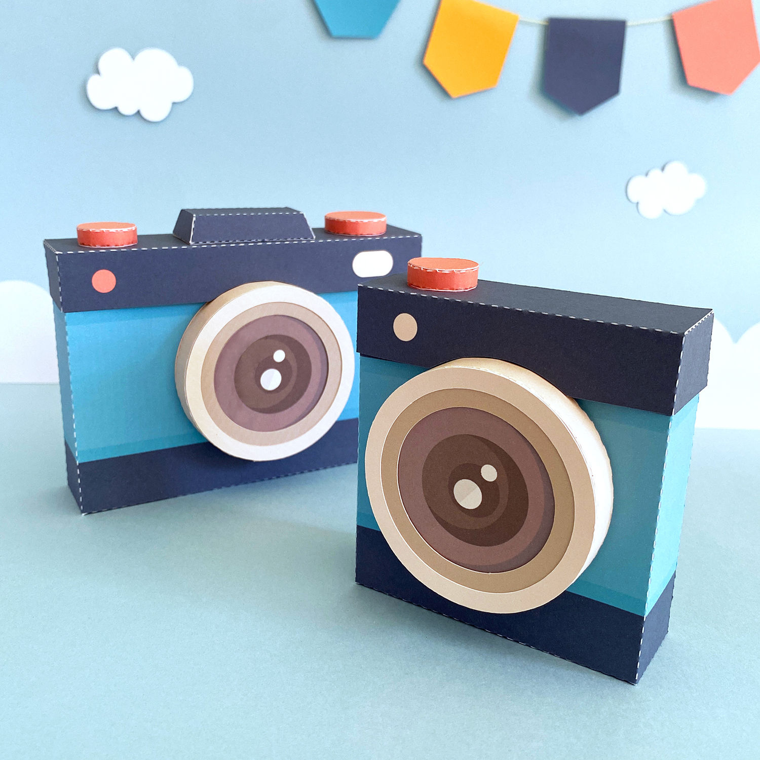 arquivo digital de kit câmera azul para festa viagem volta ao mundo