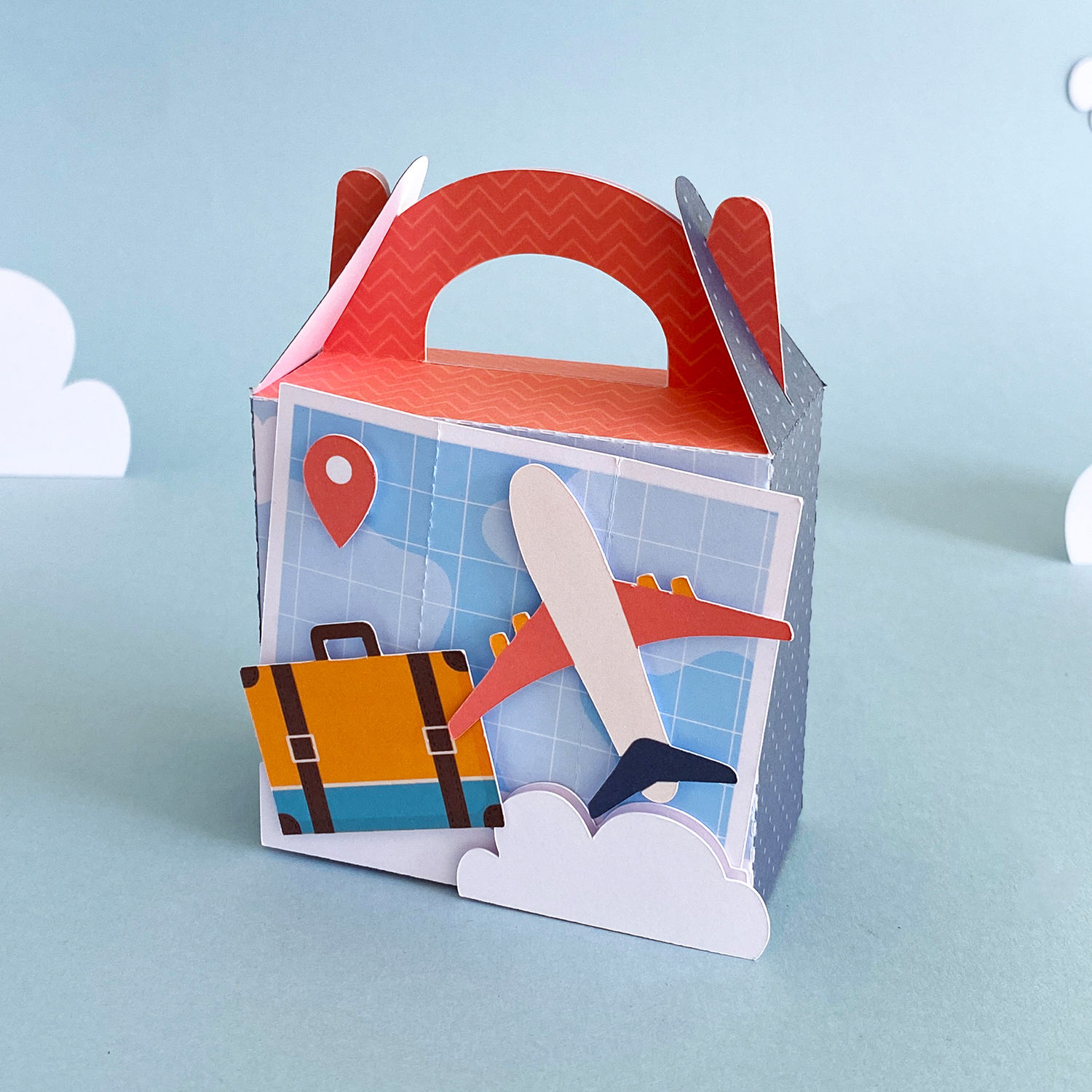 arquivo digital de caixa retangular com alça para festa viagem volta ao mundo