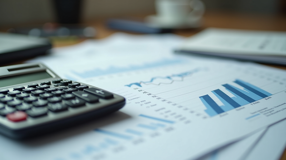 Close-up view of financial documents and calculator on a desk