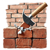 A square with a hammer hitting a brick which shatters or breaks, representing demolition,